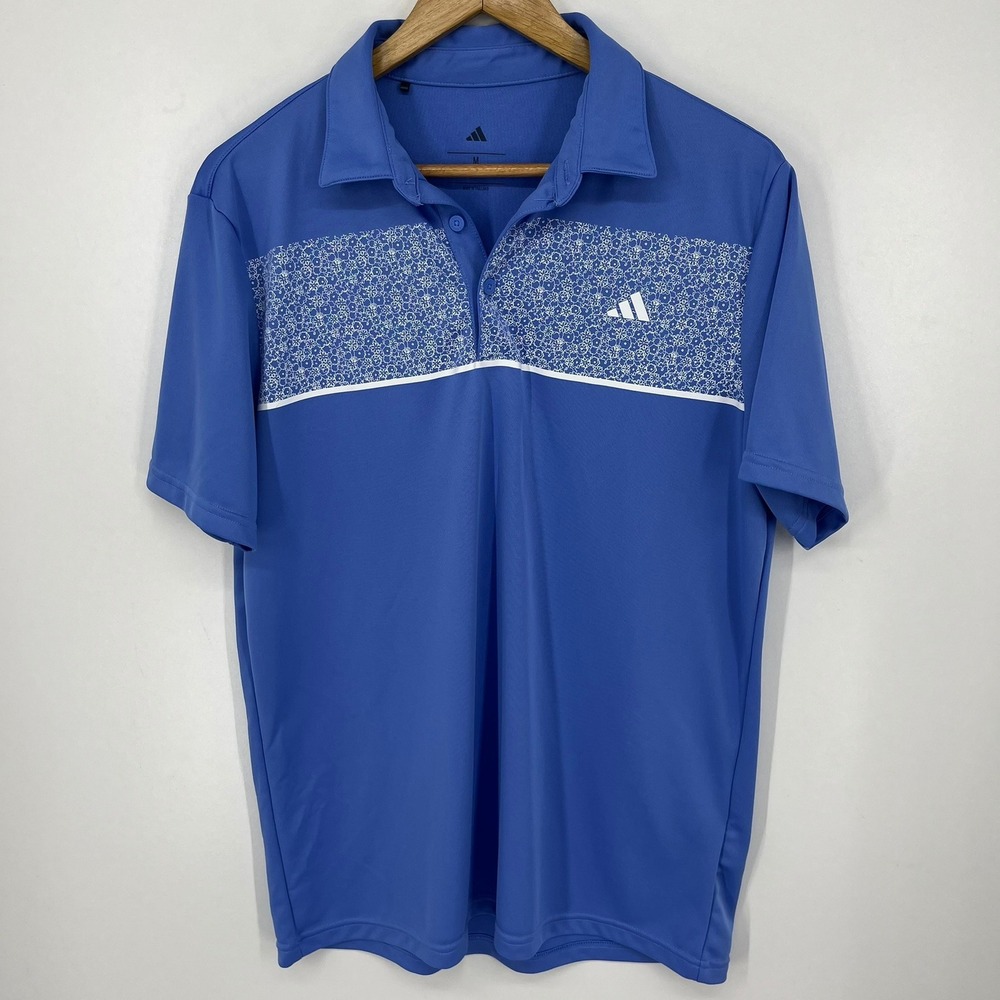 Adidas Mens Golf Polo Shirt Blue Floral Chest Panel Athletic Top Size M